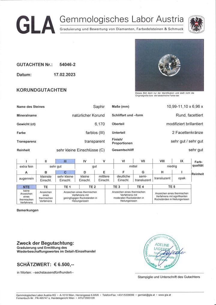 Gutachten zu Saphir rund farblos-getönt ungebrannt 6,17 ct