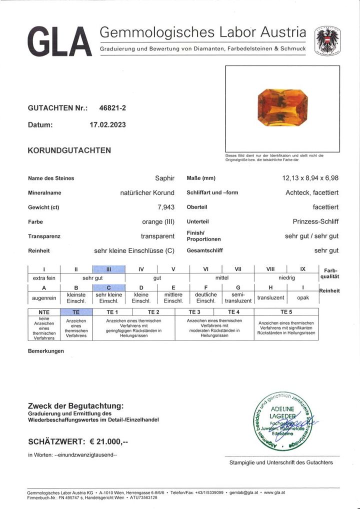 Gutachten zu Saphir octagon-princess orange 7,94 ct