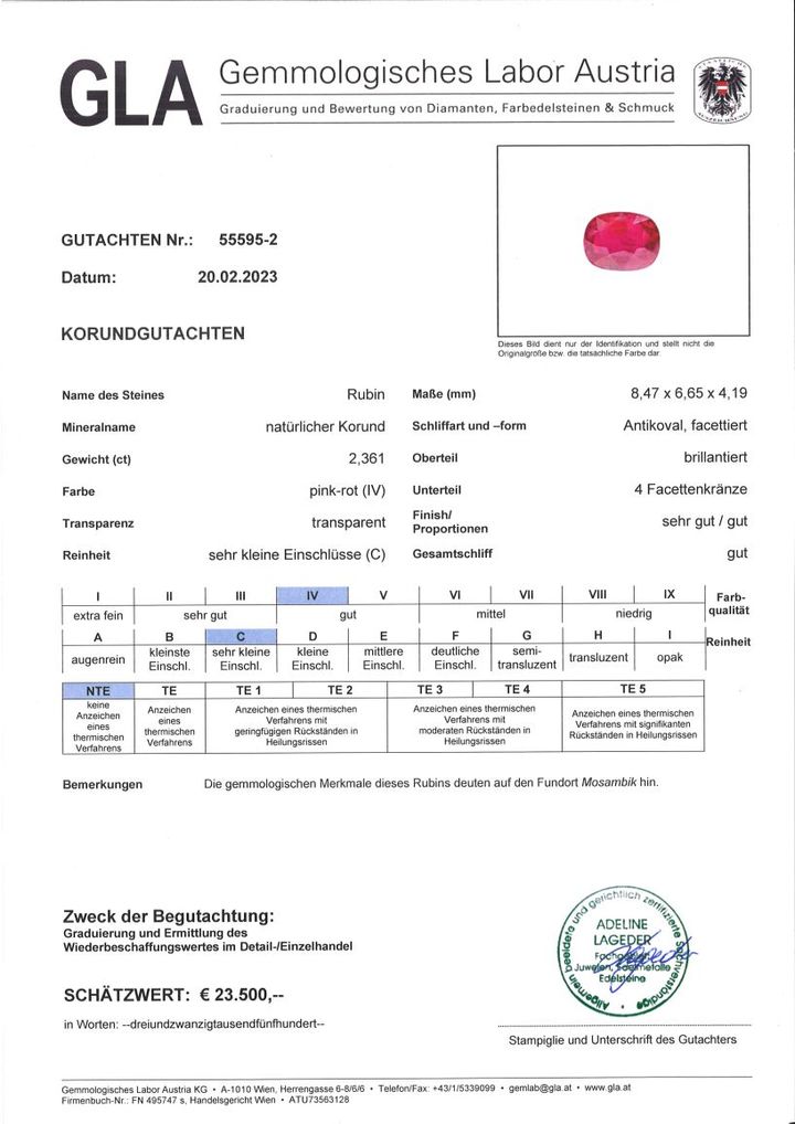 Gutachten zu Rubin antikoval pink-rot ungebrannt 2,36 ct.