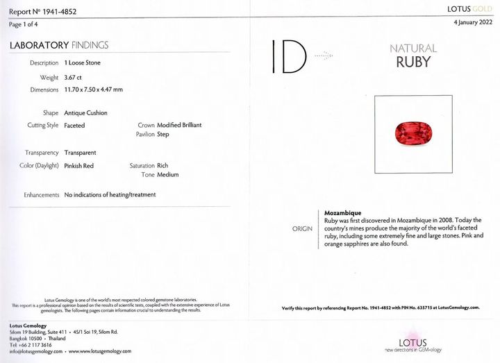 Gutachten zu Ruby cushion pinkish red unheated 3.67 ct.