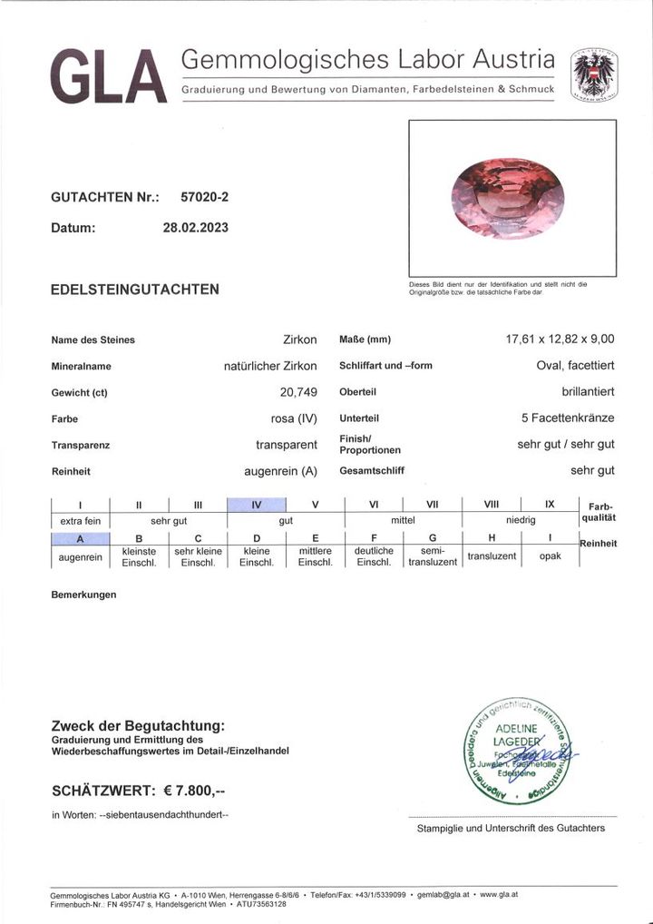 Gutachten zu Zircon oval orangebraun-rosa untreated 20.74 ct