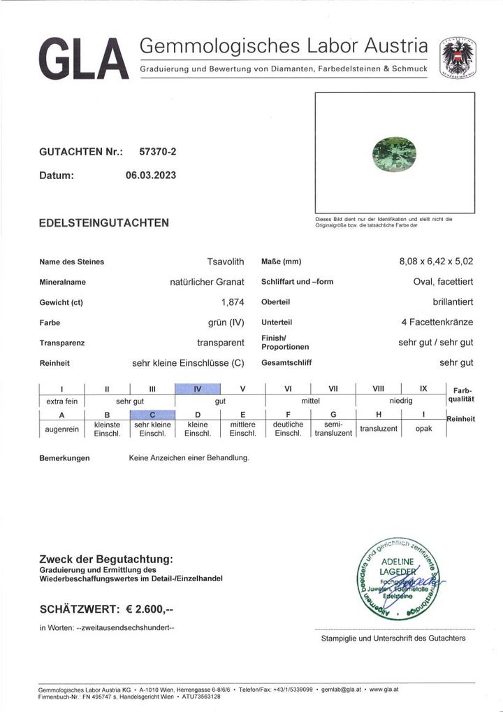 Gutachten zu Tsavorit Granat oval grün 1,87 ct