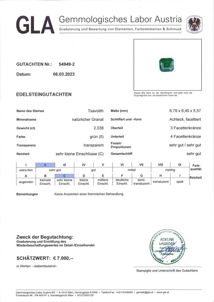 Gutachten zu Tsavorit Granat octagon intensives Grün 2,03 ct