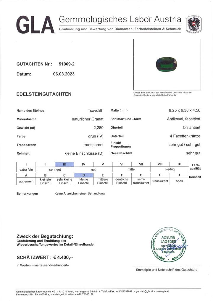 Gutachten zu Tsavorit Granat antikoval grün 2,28 ct