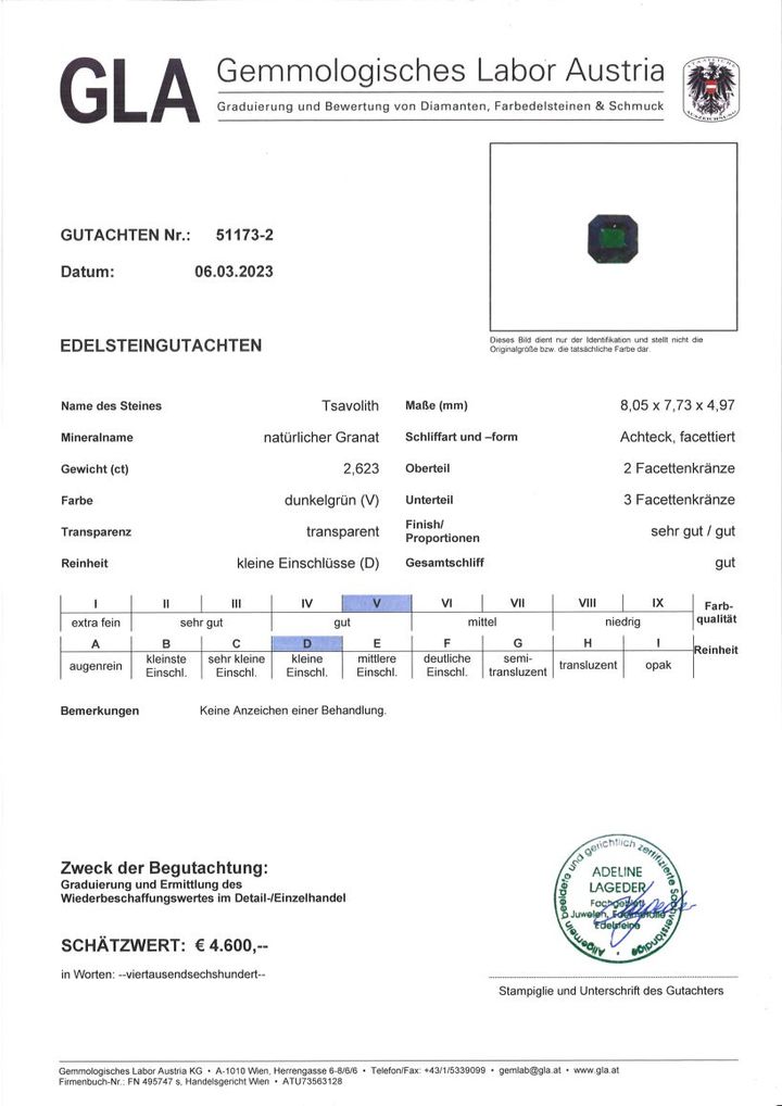 Gutachten zu Tsavorit Granat Achteck grün 2,62 ct