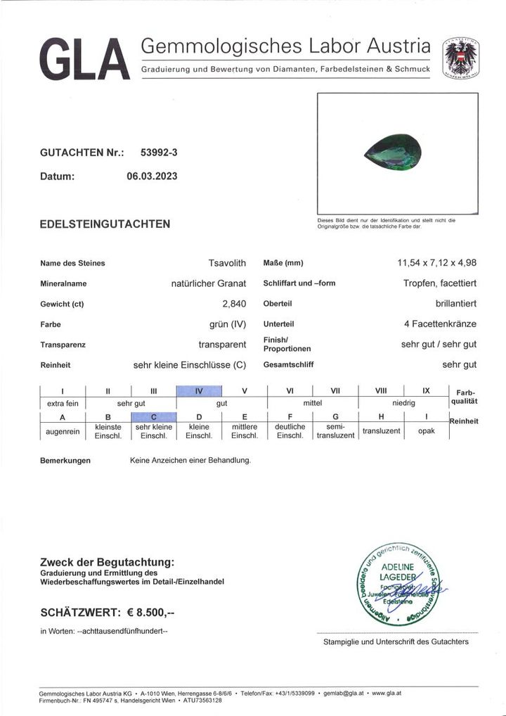 Gutachten zu Tsavorit Granat Tropfen intensivgrün 2,84 ct