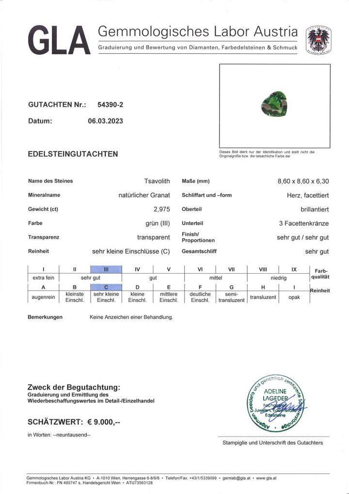 Gutachten zu Tsavorite Garnet heart intense green 2.97 ct