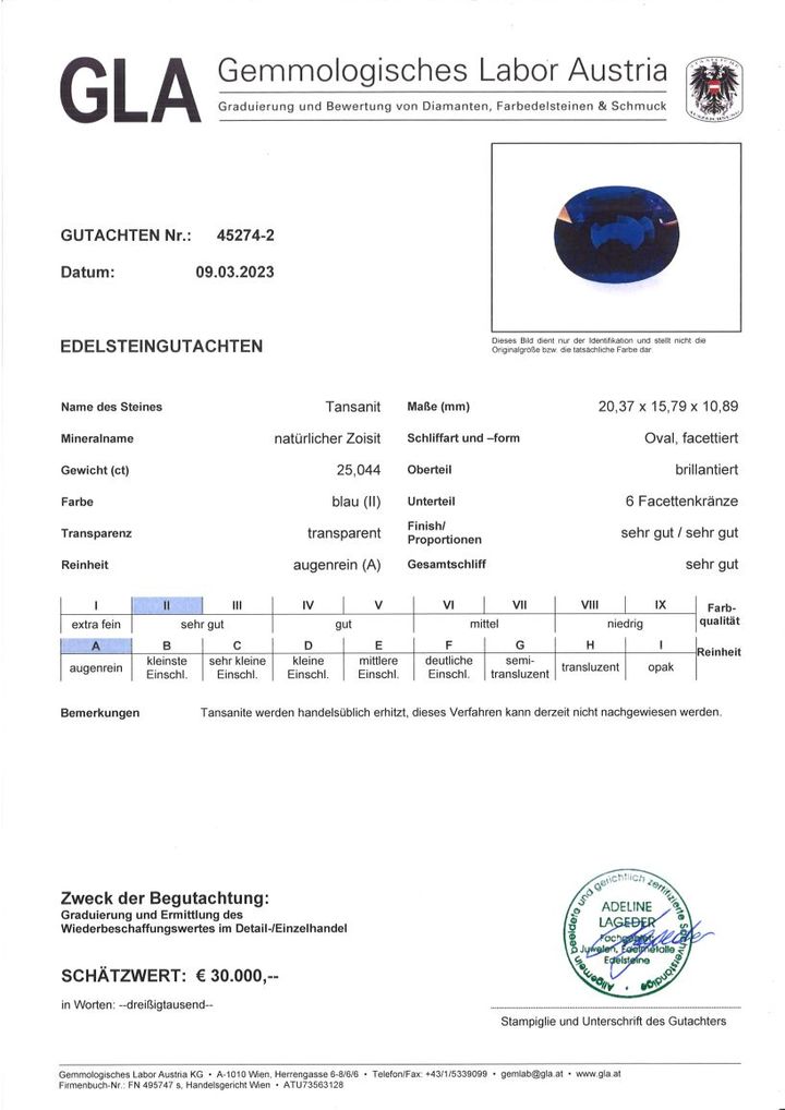 Gutachten zu Tansanit oval intensivblau 25,04 ct