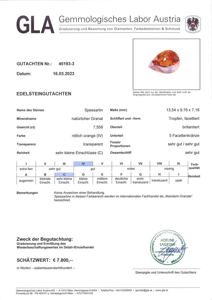 Gutachten zu Mandarin-Granat Tropfen rötlich-orange 7,55 ct