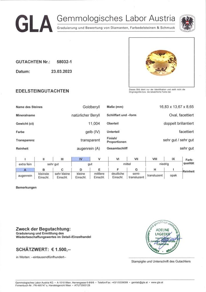 Gutachten zu Golden Beryl oval golden yellow 11.00 ct