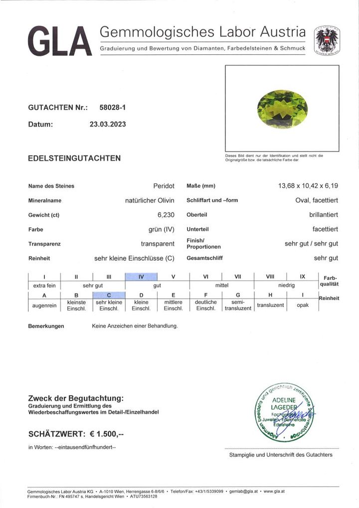 Gutachten zu Peridot oval grün 6,23 ct