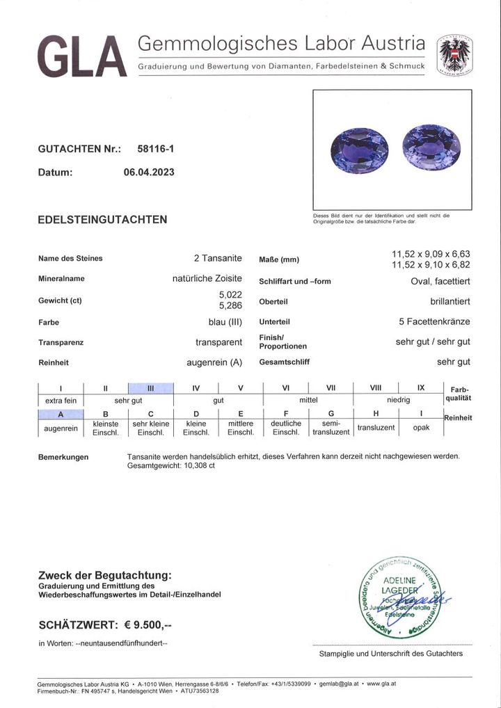 Gutachten zu Tansanit Duo oval intensives Blau 10,30 ct.