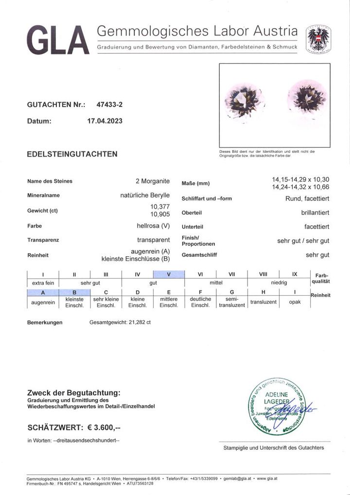 Gutachten zu Morganit Duo rund hellrosa 21,28 ct