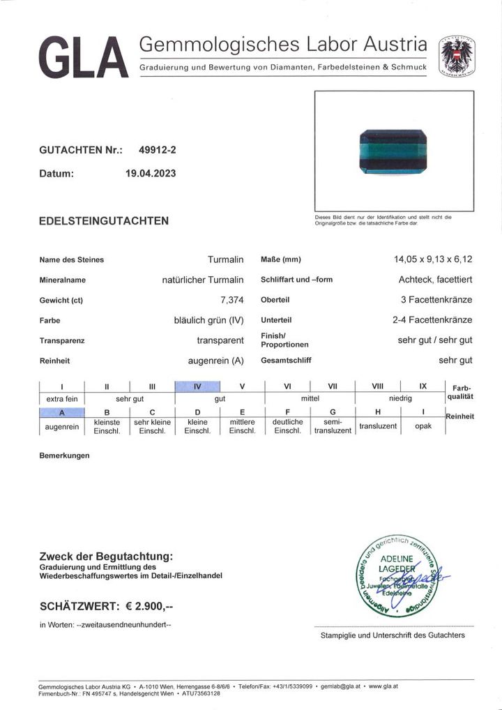 Gutachten zu Tourmaline octagon blue green 7.37 ct