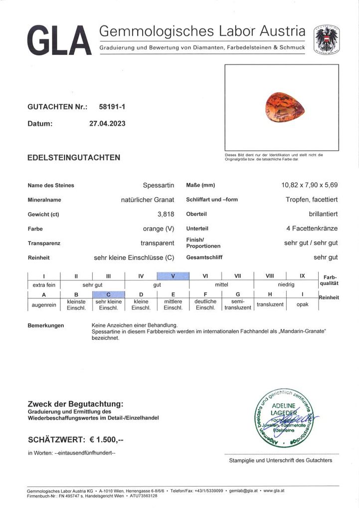 Gutachten zu Mandarin-Granat Tropfen orange 3,81 ct.