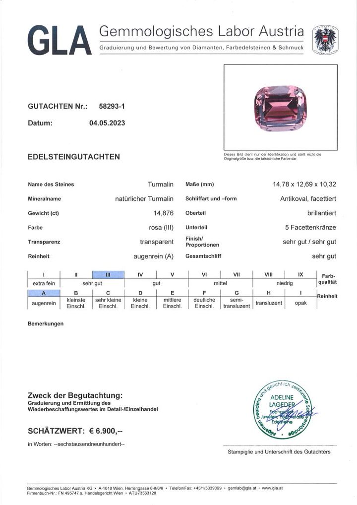 Gutachten zu Turmalin antik intensives Rosa 14,87 ct