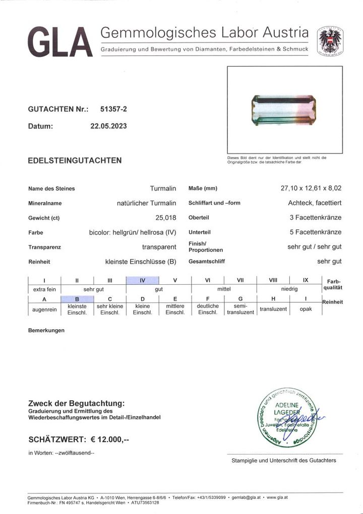 Gutachten zu Bicolor Turmalin octagon hellgrün+rosa 25,01 ct.