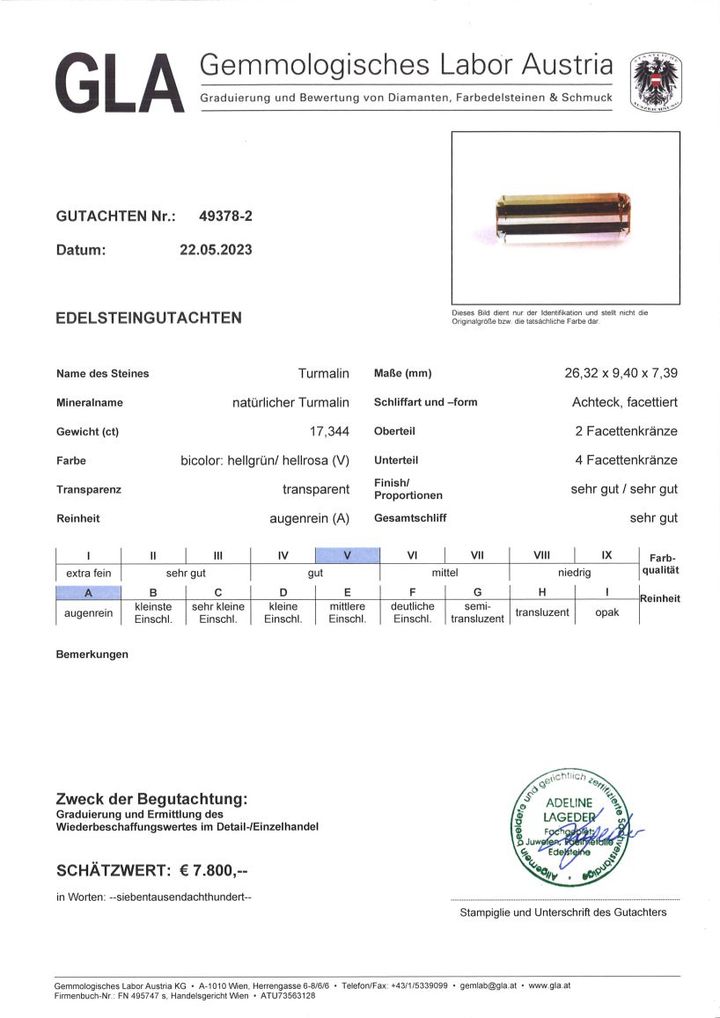 Gutachten zu Bicolor-Turmalin octagon hellrosa-hellgrün 17,34 ct