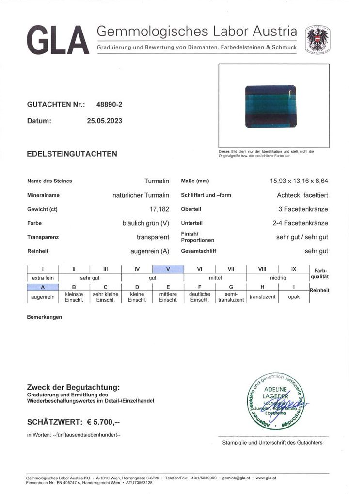 Gutachten zu Turmalin octagon blaugrün 17,18 ct