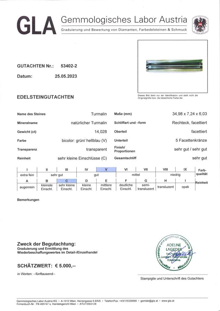 Gutachten zu Turmalin rechteck bicolor 14,02 ct