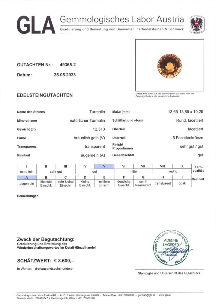 Gutachten zu Turmalin rund bräunlich-gelb 12,31 ct