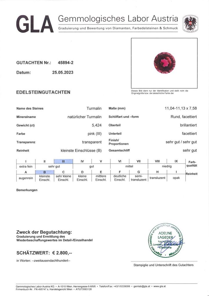 Gutachten zu Tourmaline round pink 5.42 ct