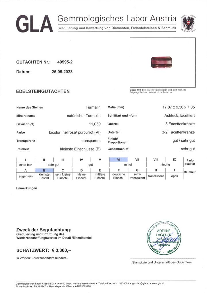 Gutachten zu Tourmaline octagon bräunlich+rosarot 11.03 ct.