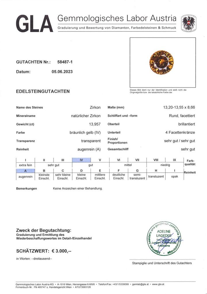 Gutachten zu Zircon round brownish yellow 13.95 ct.