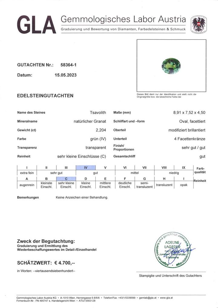 Gutachten zu Tsavorite Garnet oval green untreated 2.20 ct