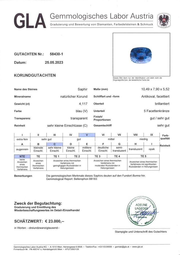 Gutachten zu Sapphire Burma cushion blue unheated 4.11 ct