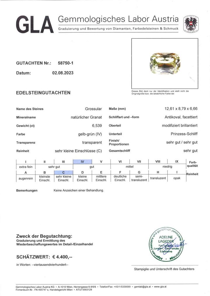 Gutachten zu Granat Grossular antik-princess gelbgrün 6,53 ct