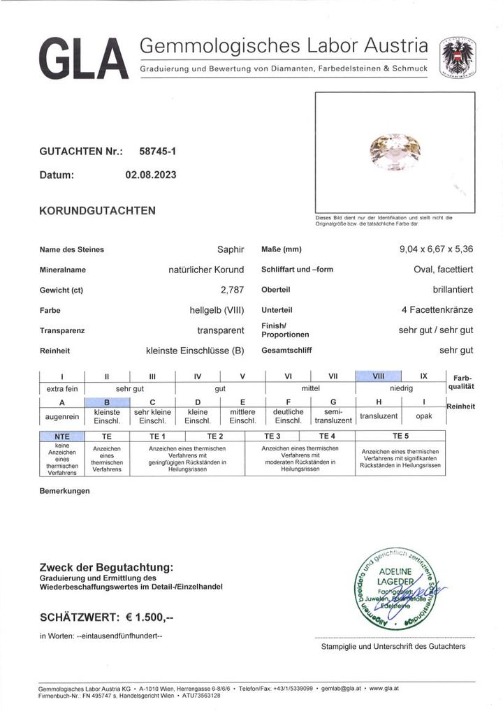 Gutachten zu Sapphire oval light yellow unheated 2.78 ct