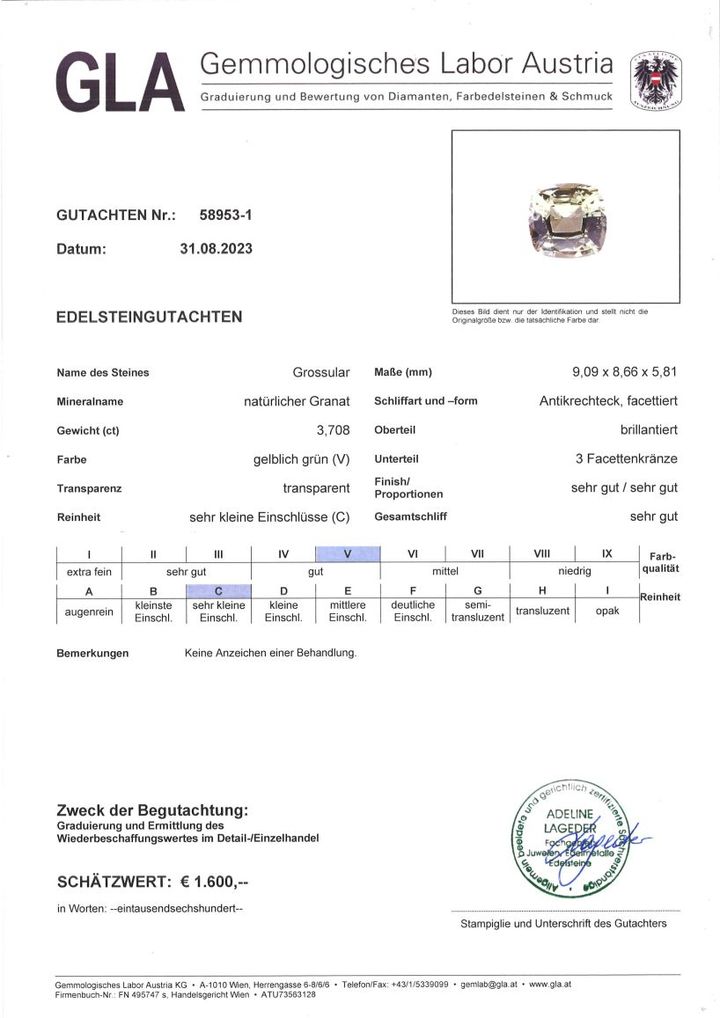 Gutachten zu Granat Grossular antik hellgrün 3,70 ct