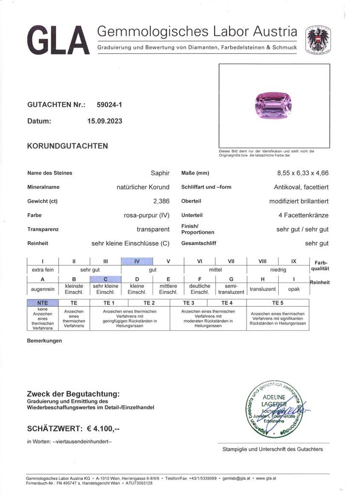 Gutachten zu Saphir antik purpur-rosa ungebrannt 2,38 ct