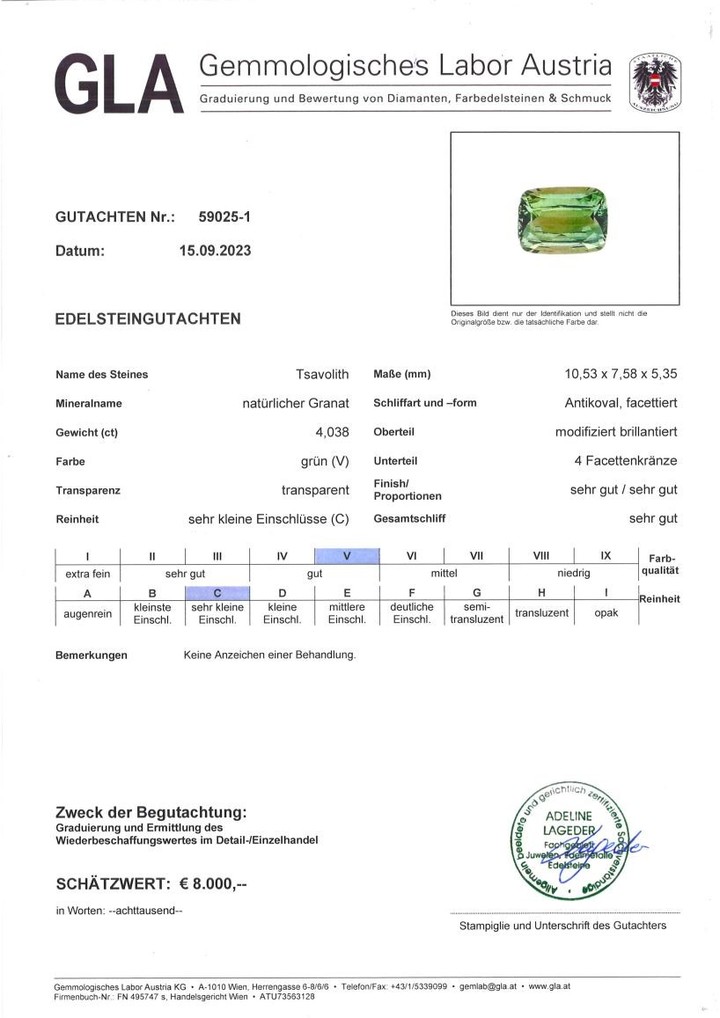 Gutachten zu Tsavorit Granat antik grün 4,03 ct