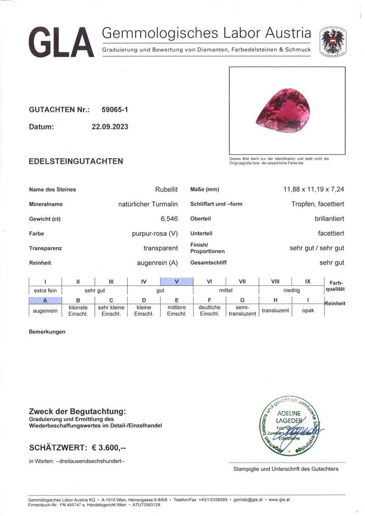 Gutachten zu Rubellite Tourmaline pear purplish pink 6.54 ct