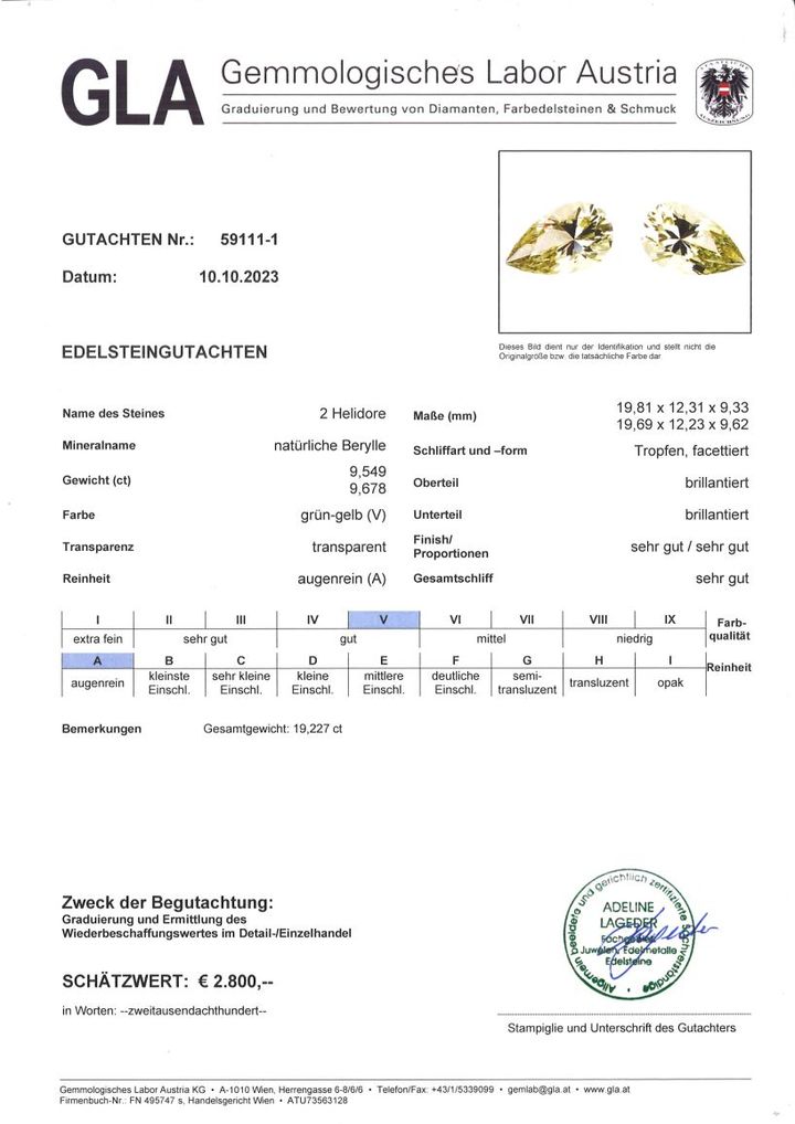 Gutachten zu Heliodor Pair Edelberylle pear greenish yellow 19.22 ct