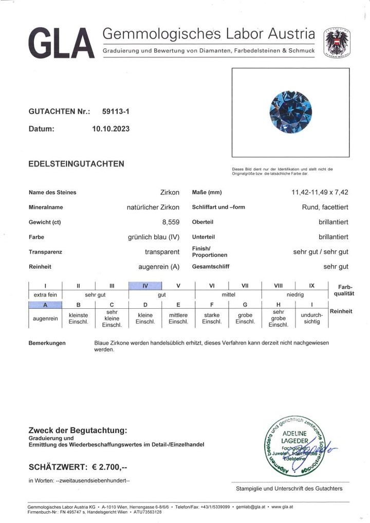 Gutachten zu Zircon round brilliant blue 8.55 ct.