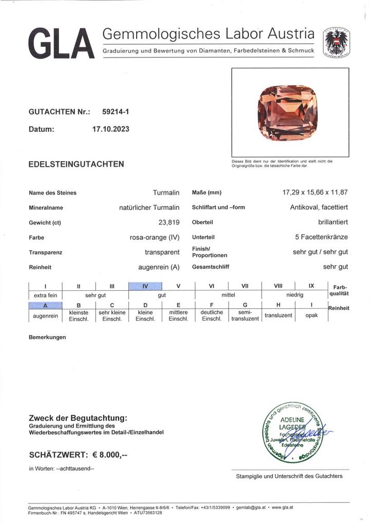 Gutachten zu Turmalin antik rosaorange 23,81 ct