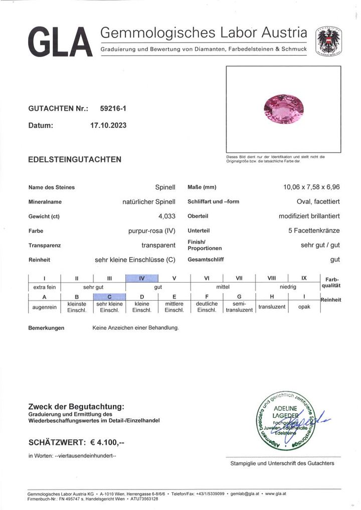 Gutachten zu Spinel oval purplish pink 4.03 ct