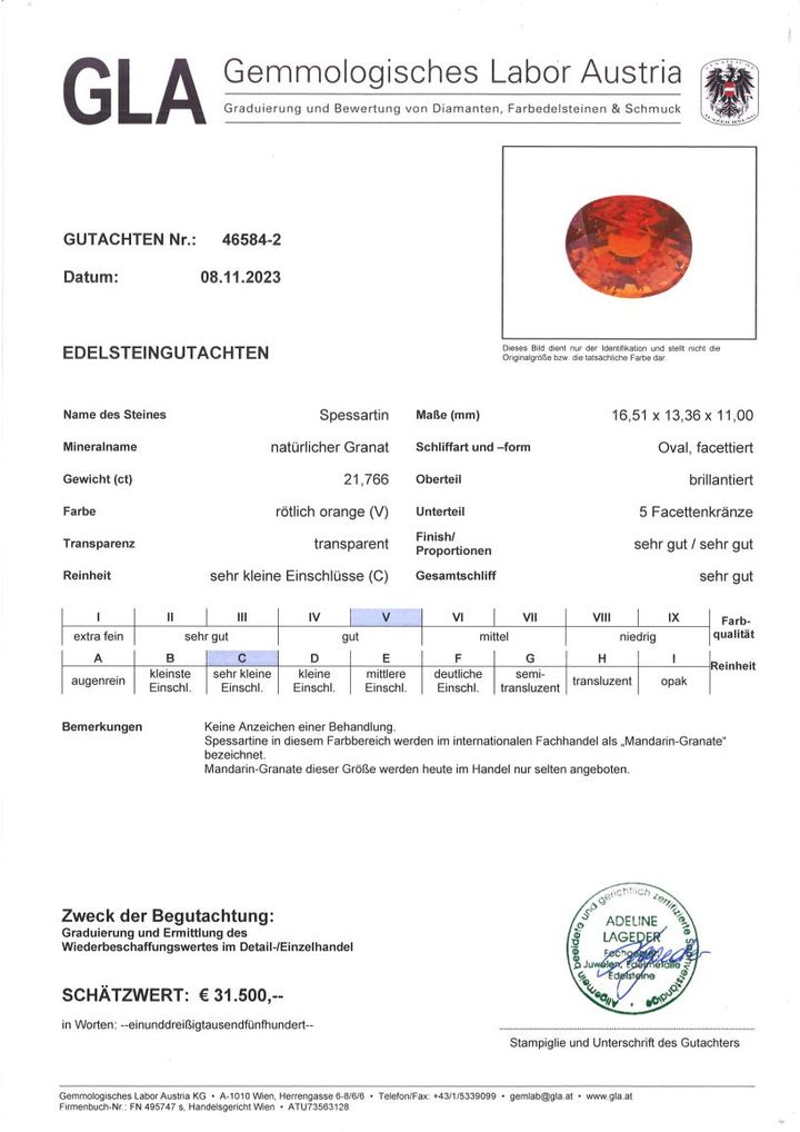 Gutachten zu Mandarin-Granat oval rötlich-orange 21,76 ct.