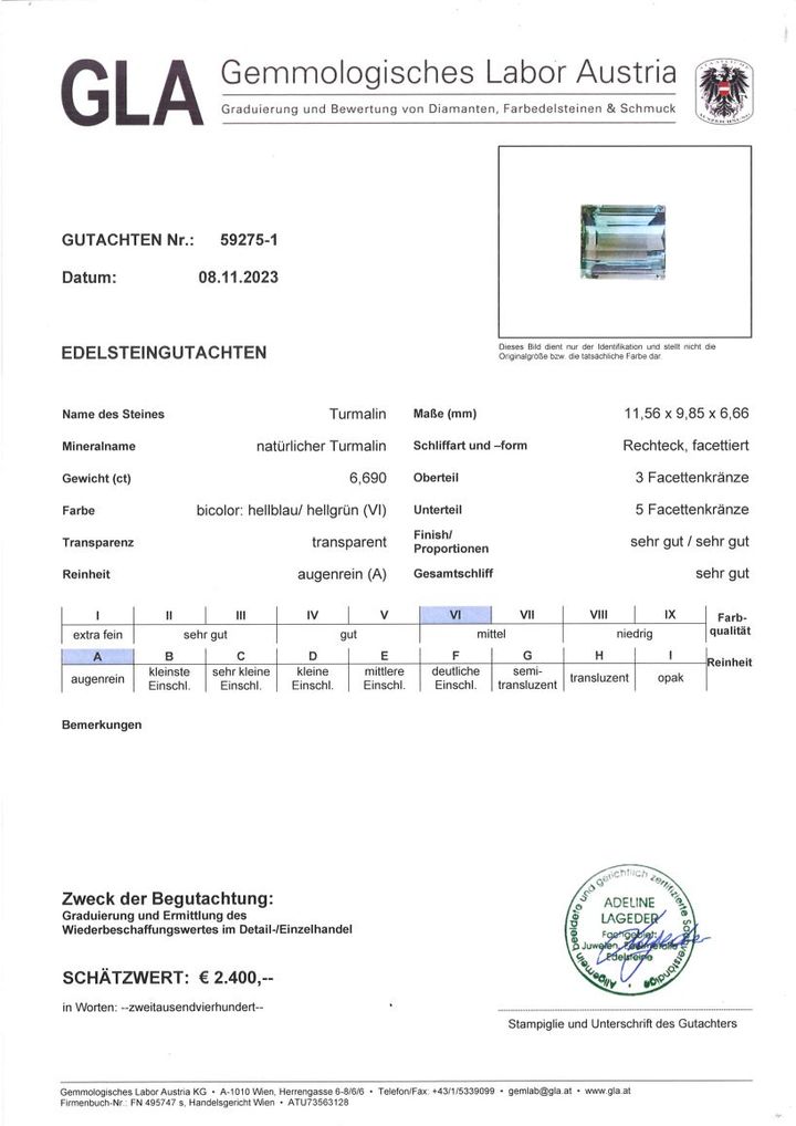 Gutachten zu Tourmaline rectangle grün+hellblau 6.69 ct