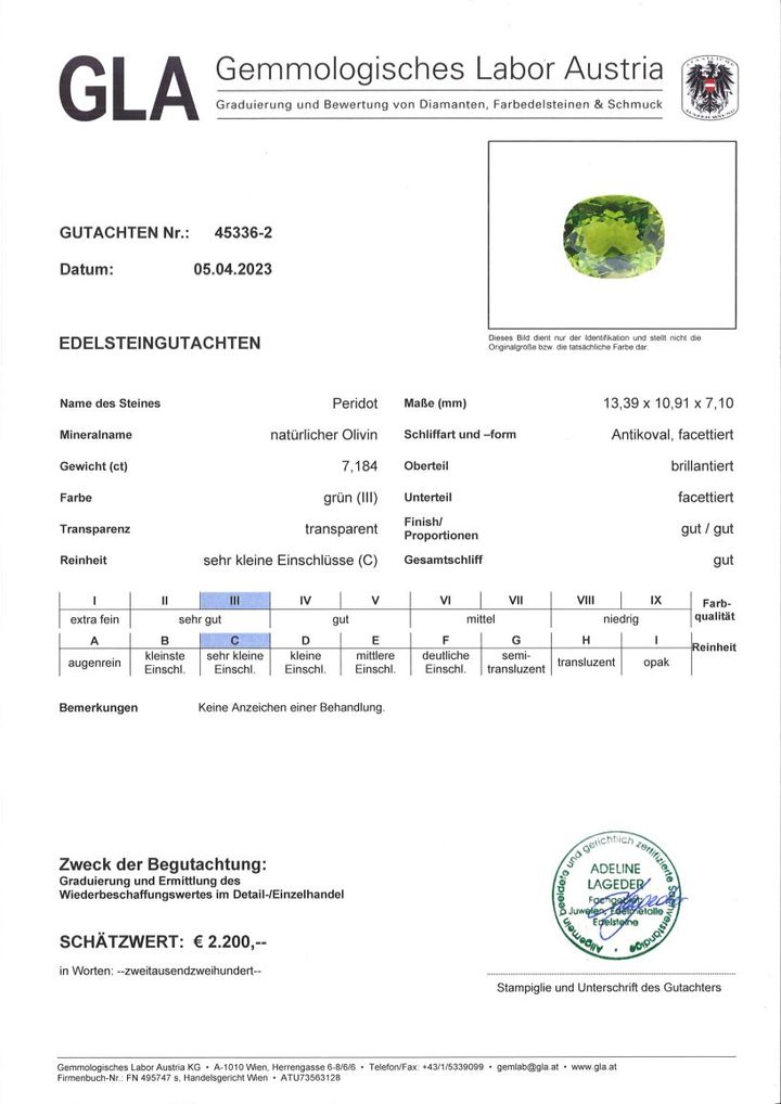 Gutachten zu Peridot Antikoval grün 7,18 ct