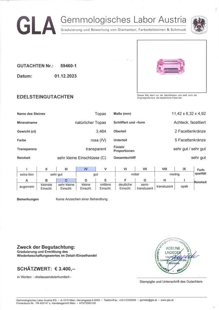 Gutachten zu Topaz octagon pink untreated 3.46 ct.