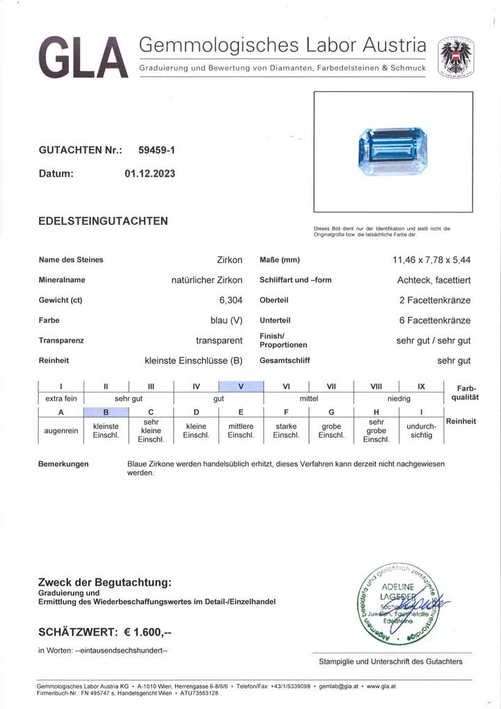 Gutachten zu Zirkon octagon blau 6,30 ct