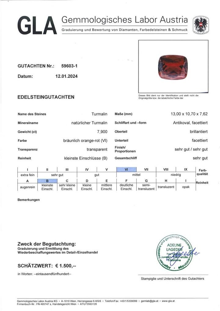 Gutachten zu Turmalin antik bräunlich-rosarot 7,90 ct.