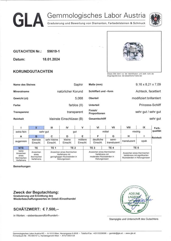 Gutachten zu Saphir octagon-princess farblos ungebrannt 5,06 ct.