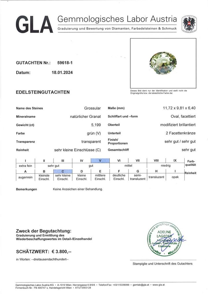 Gutachten zu Granat Grossular oval gelblich grün 5,19 ct