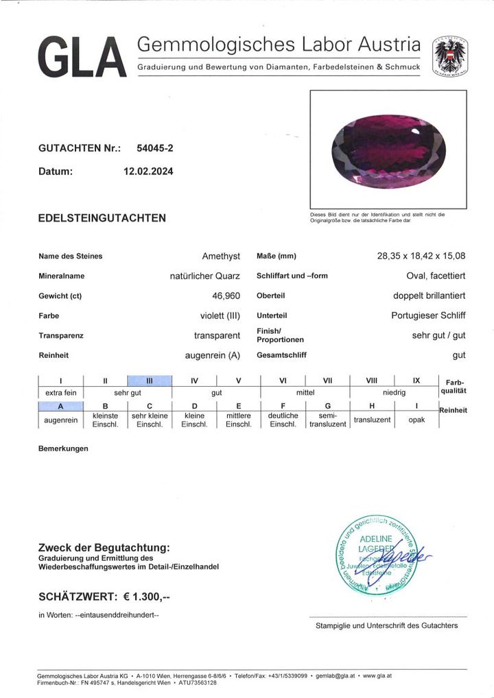 Gutachten zu Amethyst oval intensives Violett 46,96 ct