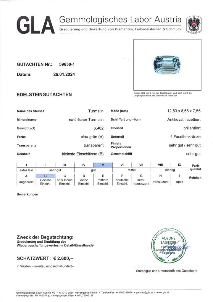 Gutachten zu Turmalin antik helles Blaugrün 6,46 ct.